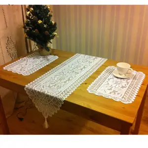 Corredor de mesa de poliéster, corredor de mesa com renda branca, decoração de natal, conjunto de tabela