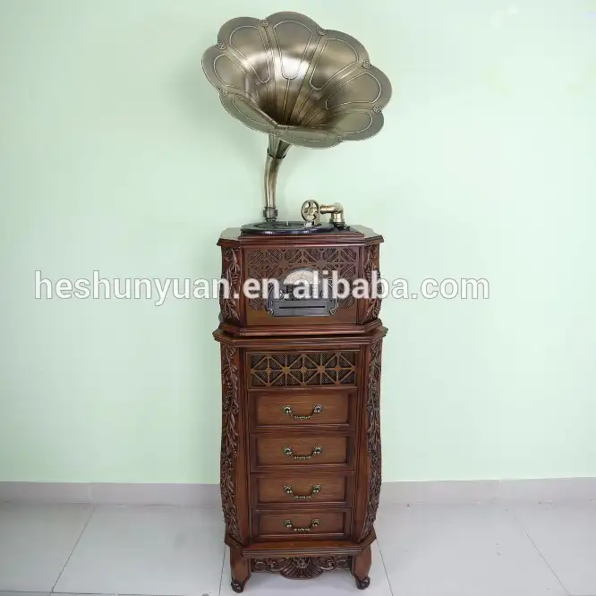 Wooden Antique Gramophone, Gift Gramophone, Decor Gramophone With Brass Horn