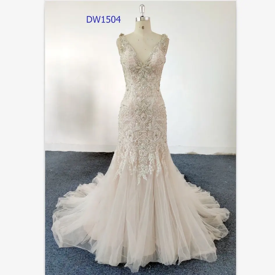 DW1504 Luxury Wedding dresses deep v-neck sexy heavy beaded lace mermaid low back bride dress