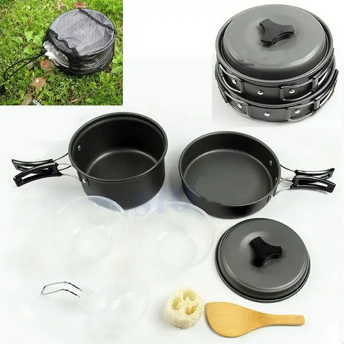 8pcs Outdoor Camping Hiking Non-stick Cookware Set Backpacking Cooking Picnic Bowl Pot Pan Set Stainless Steel Cookware