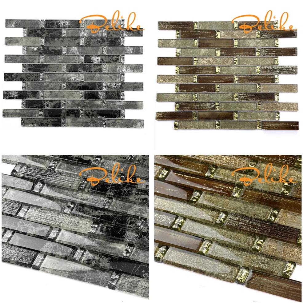 Glass Mosaic Tile with Linear Vintage and Golden Antique Gold Featured Wall Cladding Interlocking Aesthetically Relief Surface