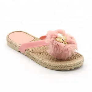 Fur Upper Straw Sandals For Ladies Summer Women Shoes Flower Strap Flat Sole PCU Flip Flops