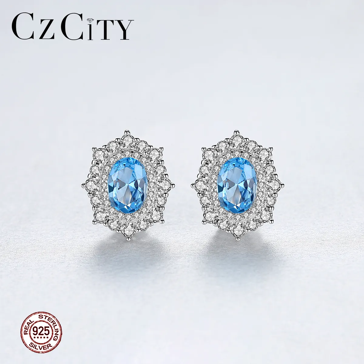 CZCITY 925 Gümüş Küpe Mavi Topaz Kadınlar Takı Kar Çiçek şekilli değerli taş Büyük düğme küpe