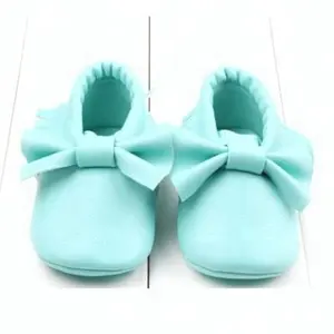 2019热卖pu婴儿鞋100% 真皮婴儿软皮鞋带结蝴蝶结的女孩