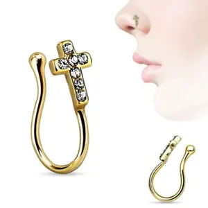 Falso Anel de Nariz Cruz com Clear Gems Ouro IP Banhado A Ouro Não Piercing No Nariz Clipe