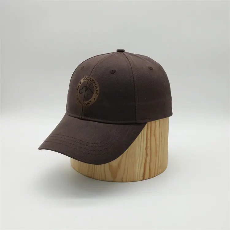 قوانغتشو مصنع مخصص 6 لوحة القطن براون مطرزة مشمع قماش شمعي قبعات البيسبول قبعة