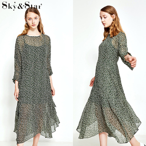 Nuevo estilo manga larga <span class=keywords><strong>verde</strong></span> impreso Maxi largo <span class=keywords><strong>vestido</strong></span> de gasa - Product Image 2