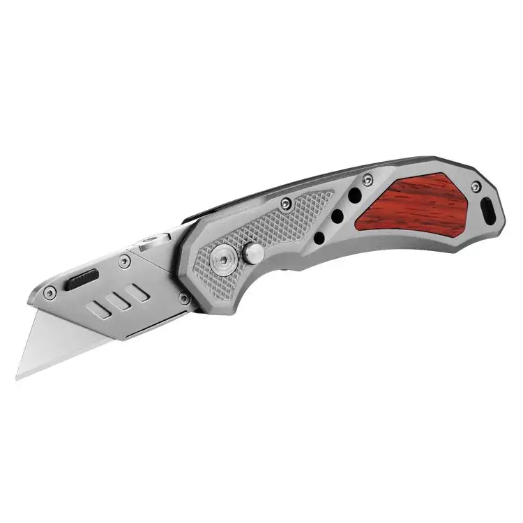 Safety lock back quick change blade wood inlay decoration folding utility stainless steel pocket knife