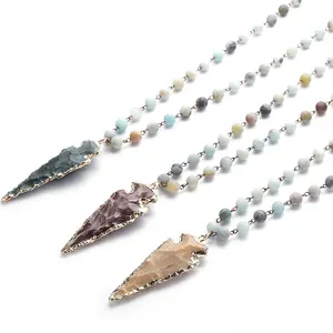 Fashion Amazonite Stone Rosary Chain Arrowhead Pendant Necklace Handmade Women Gemstone Bead Necklace