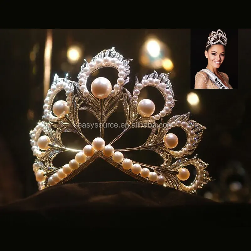 Miss Universe Crown-Tiara de plumas de pavo real, accesorios para el cabello para novia, boda, desfile