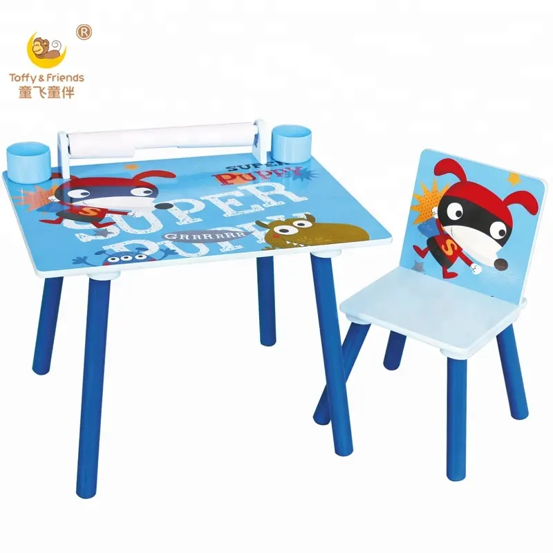 Mesa de estudio y silla de madera para niños, mesa y silla con rollo de papel y taza