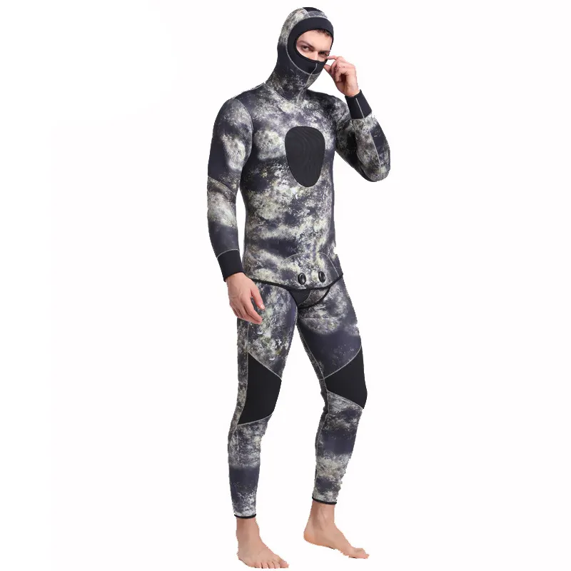 Fabrika özelleştirilmiş Spearfishing 5MM neopren 2 adet Set kapşonlu Camo dalış Wetsuits avcılık Wetsuit