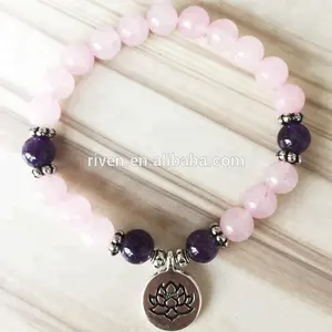 SN1139 Healing Peace Yoga Jewelry Charm Girls Rose Quartz Mala Bracelet Silver Lotus Jewelry Women