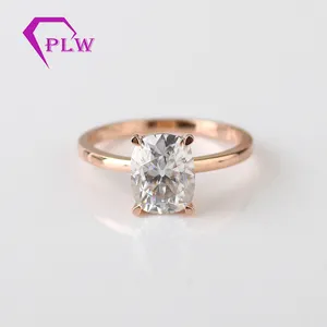 14K Rose Gold Antique Kéo Dài Đệm Cắt Solitaire Moissanite Nhẫn Cưới