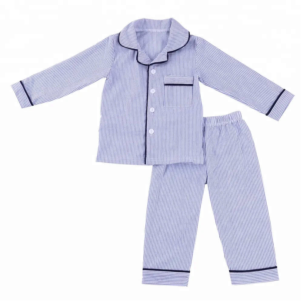 Kerst Button Up Kids Pjs Groothandel Winter Katoen Rood Seersucker Ruffle Meisje Pyjama Set
