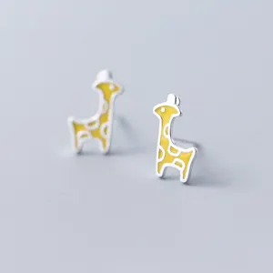 Lovely Cute Chic Yellow Enamel Animal Giraffe Deer Stud Earrings Women Silver Jewelry