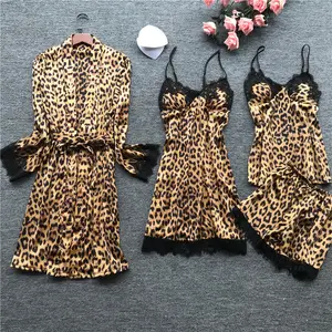 Seksi Leopar Baskı Dört Parçalı Nighty Tasarımlar Görüntü Kore Pijama Takım Buz Seksi Pijama