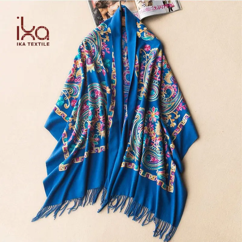 100% โพลีเอสเตอร์แคชเมียร์รู้สึกที่มีคุณภาพสูงปัก Pashmina ผ้าคลุมไหล่ที่อบอุ่นขายส่ง