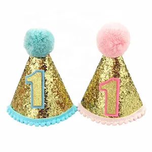 Oro brillo azul/Rosa 1st cumpleaños chico/chica cono fiesta sombrero con pompones niño fiesta de cumpleaños suministros