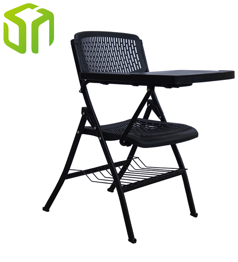 Cheap vented back resin plastic folding study chair with writing pad