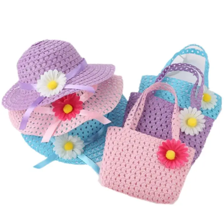 Girls Kids straw Beach Hats and Bags set Flower Tote Handbag Bag Suit Children Summer hat Sun Hat