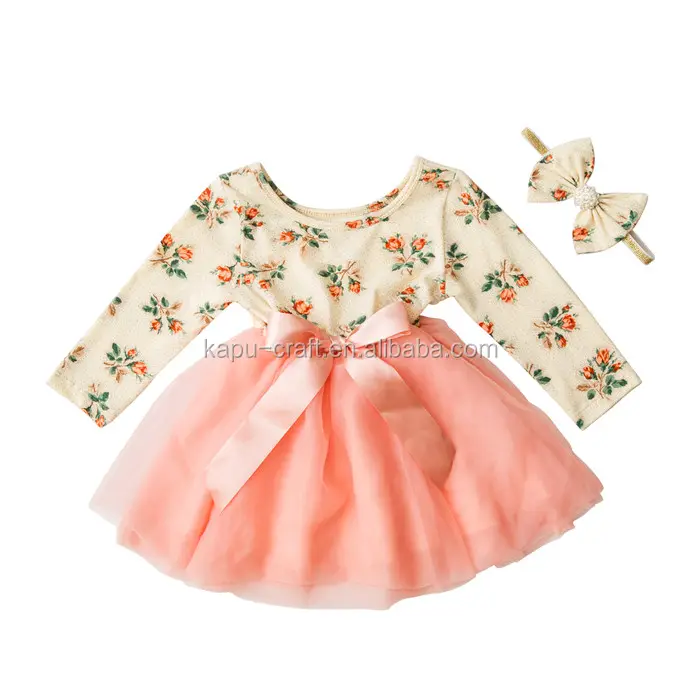 wholesale Fashion baby Girls Cotton print long sleeve dress with chiffon Children clothes