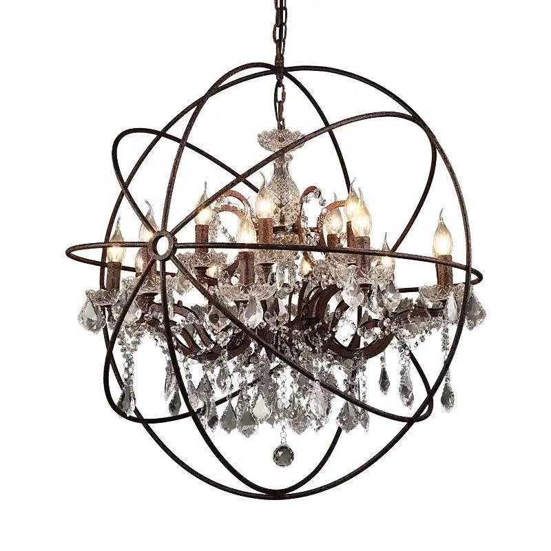 Rustic Creative Retro Vintage iron pendant restaurant Antique lamps pendant lamps LED loft round globe crystal chandelier lights