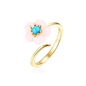 Korean flower petal shell jewelry sterling silver turquoise ring