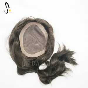 Peluca de cabello humano liso para mujer, tupé con pelo de bebé de 16 pulgadas, malla de integración, color marrón oscuro, calidad superior