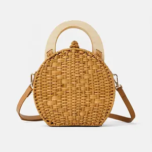 Trend wooden handle braided lady women beach rattan wicker bag wicker hand bag