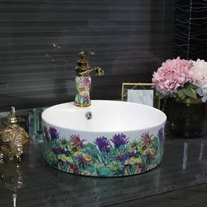 Jingdezhen luxury hand painted flower design wholesale bathroom cheap price wash basin for hotel