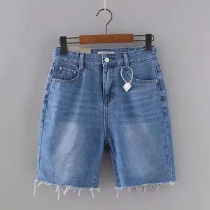 High fashion ontwerpen effen kleur rits vrouwen zomer midi denim jeans broek