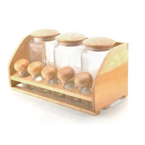 Wooden Spice Set with 5 Spice bottles and 3 Glass Canisters with Wooden Lid