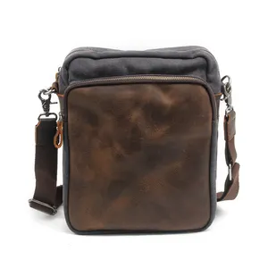 China brand small shoulder washed Genuine Leather canvas sling bag for man.