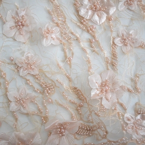 Leichte Pfirsich Tüll Spitze Kleid Stoff Afrian Französisch 3d Spitze Stoff mit reiner Handarbeit Perlen Braut Spitze HY0735-4 - Product Image 2