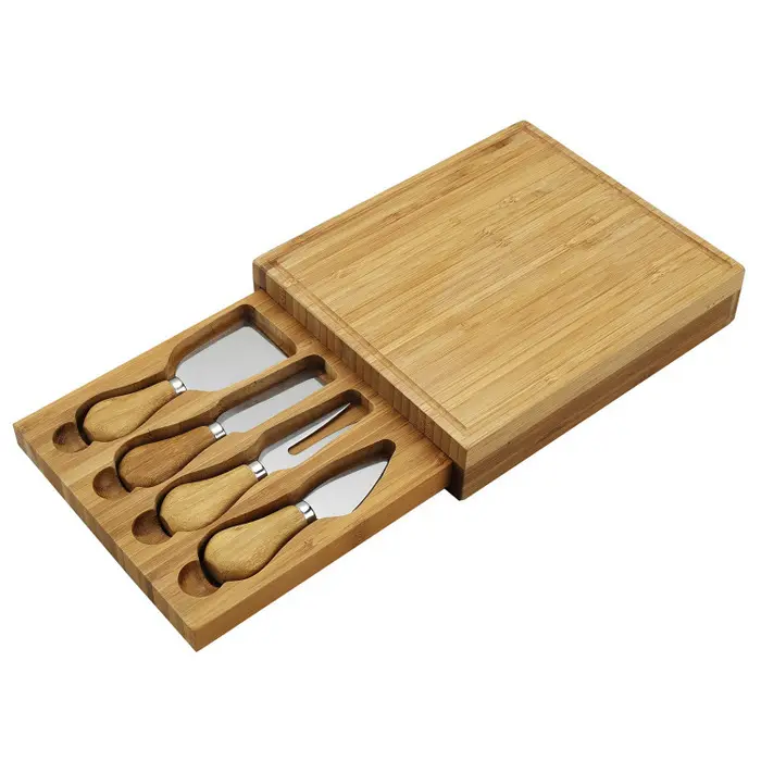 Bamboo Cheese Board Cracker Serving Cutlery charcuterie Set with Slide-Out Drawer Plate Knives kit