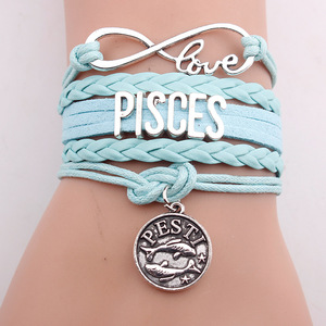 Pulsera de cuero <span class=keywords><strong>con</strong></span> diseño del horóscopo del zodiaco 12, brazalete de <span class=keywords><strong>amor</strong></span> infinito, <span class=keywords><strong>piscis</strong></span>, cuerda - Product Image 1
