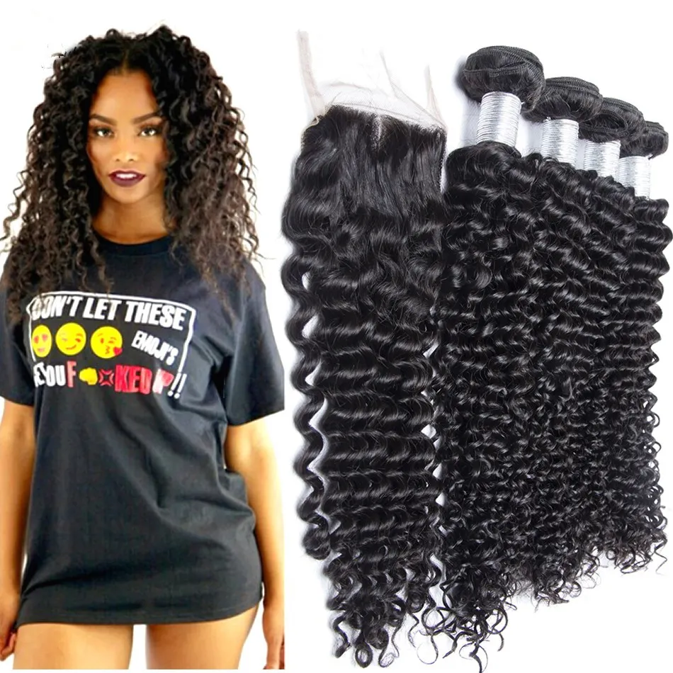 Brazilian Deep Curly Hair 3 Bundles With Closure Brazilian Virgin Hair With Closure Brazilian Deep Wave With Closure