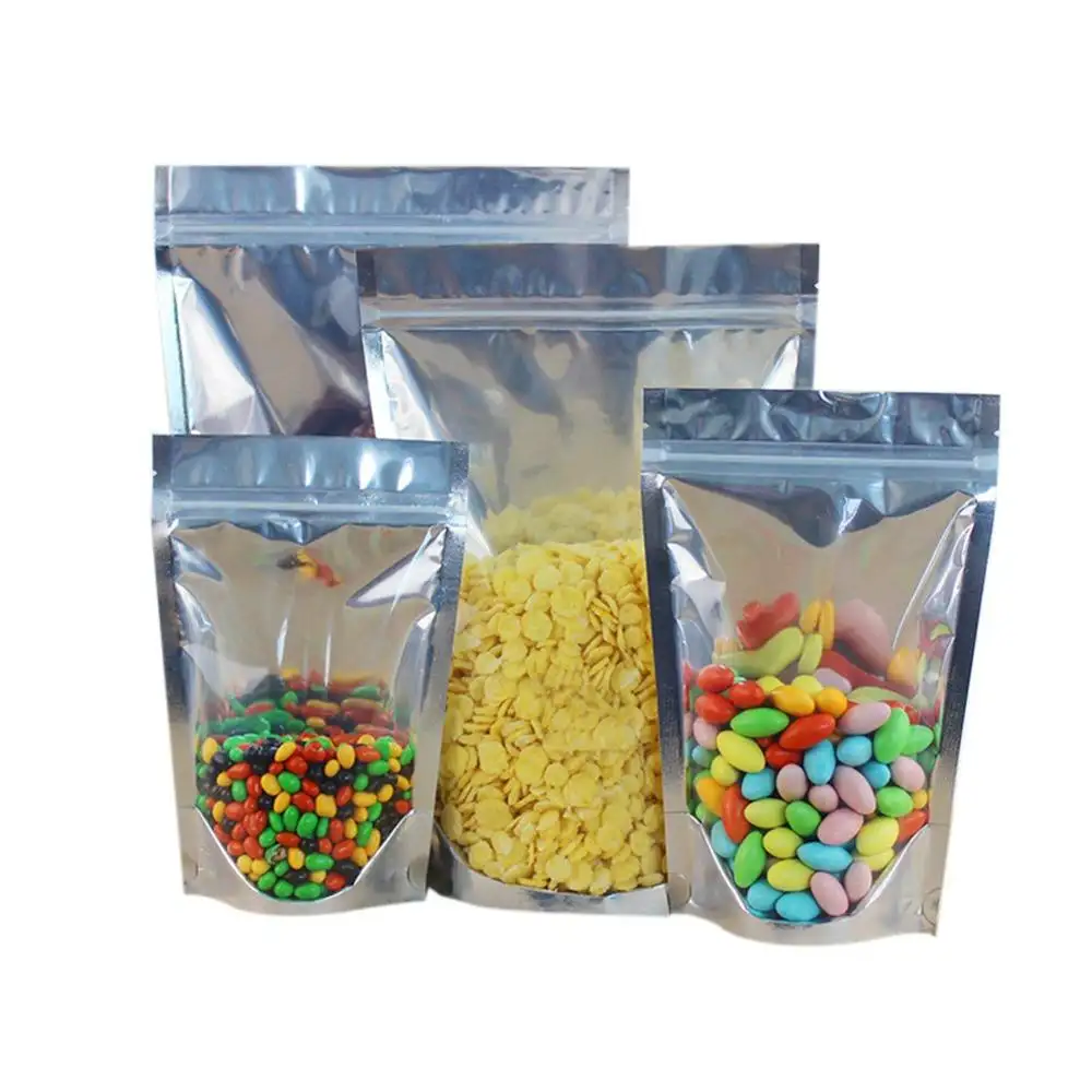 Doypack-bolsas de aluminio con cierre hermético para alimentos, bolsas de almacenamiento de alimentos, cereales, cereales, resellables, personalizadas, plateadas