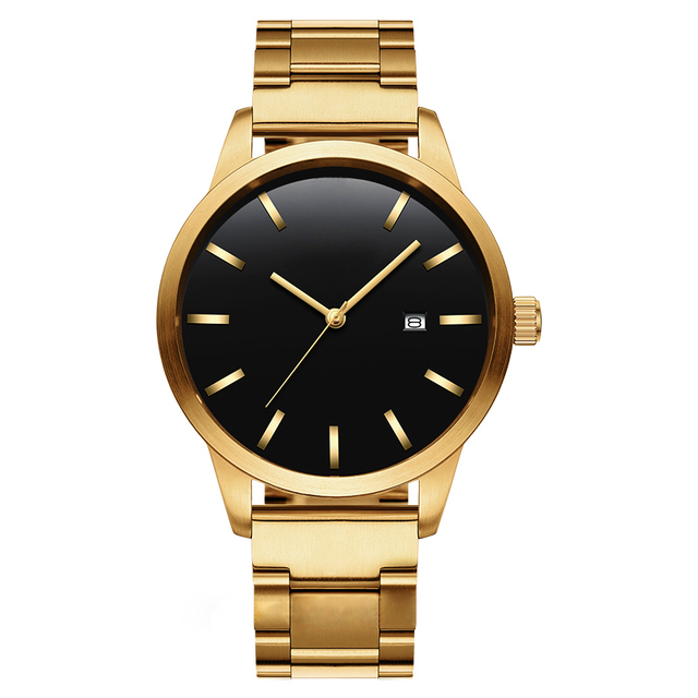 Fashion Mens Wrist Watch Black Face Analog Watch 18k Gold Plating Quartz Watches