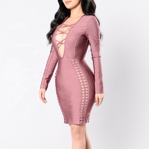Abiti da fasciatura Crossover anteriori manica lunga Mini aderente Clubwear Party Women abiti Casual completi servizio OEM naturale adulti - Product Image 3