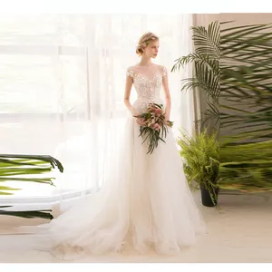 Elegant Wedding Dresses Illusion Sleeveless A Line Lace Soft Tulle Bridal Gowns