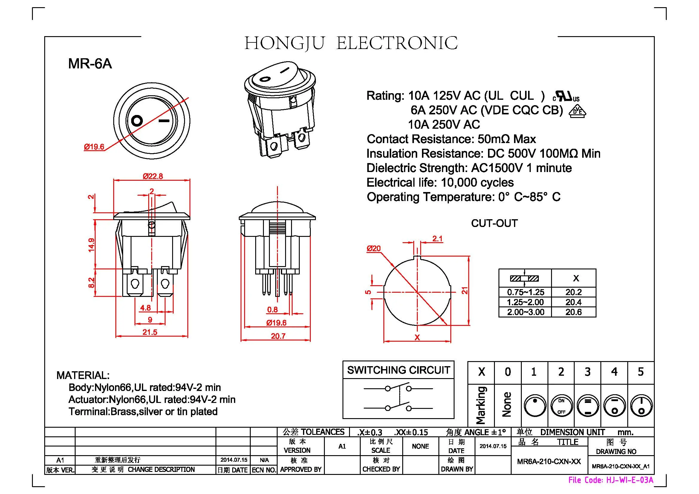 HONGJU MR-6A-210-C5N-BB 10A interruttore a bilanciere rotondo a 4 pin