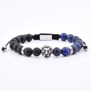 Half Sodalite Half Onxy Beaded Macrame Stretch 316L Stainless Steel Lion Charm Jewelry Bead Bracelet