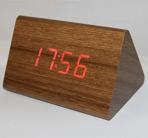 Nixie-pantalla LED triangular de escritorio, reloj despertador digital de madera MDF, controlado por voz