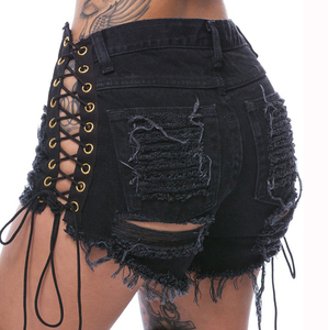 Shorts Estivi Sexy da Donna a Vita Alta con Lacci Neri Jeans <span class=keywords><strong>Corti</strong></span> Strappati e Danneggiati - Product Image 2