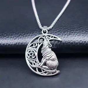 Vendita calda stile Vintage perla quadrata in acciaio inossidabile catena in metallo <span class=keywords><strong>luna</strong></span> lupo ciondolo collana Wiccan gioielli religiosi personalizzati - Product Image 1