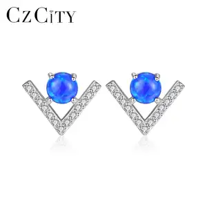 CZCITY pendientes en forma de V AAA Tiny CZ alrededor pendientes de ópalo joyas de plata