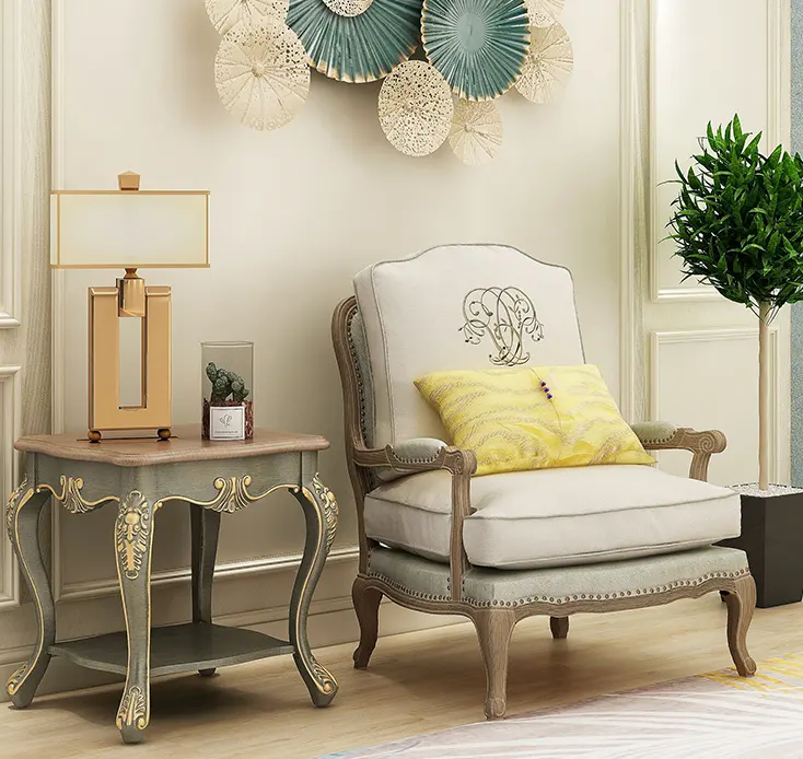 새로운 디자인 프랑스 마을 스타일 골동품 레트로 단단한 나무 달팽이 팔걸이 안락 의자 거실 BF05-52630