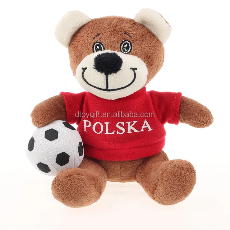 China made soft teddy bears wear red T-shirt with football in hand